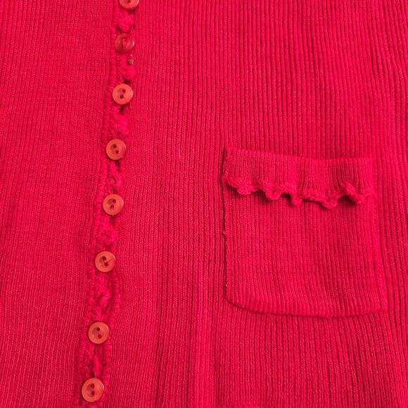 Kimlon Vintage 60s 70s Womens Cottage Red Button-Up Knit Vest w/ Ruffled Trim L - Picture 3 of 10